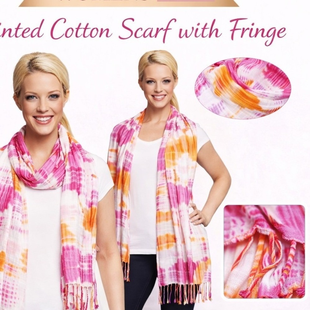 Womens Susan Graver Printed Scarf Fringe Pink Orange Tie Dye Lightweight Shawl